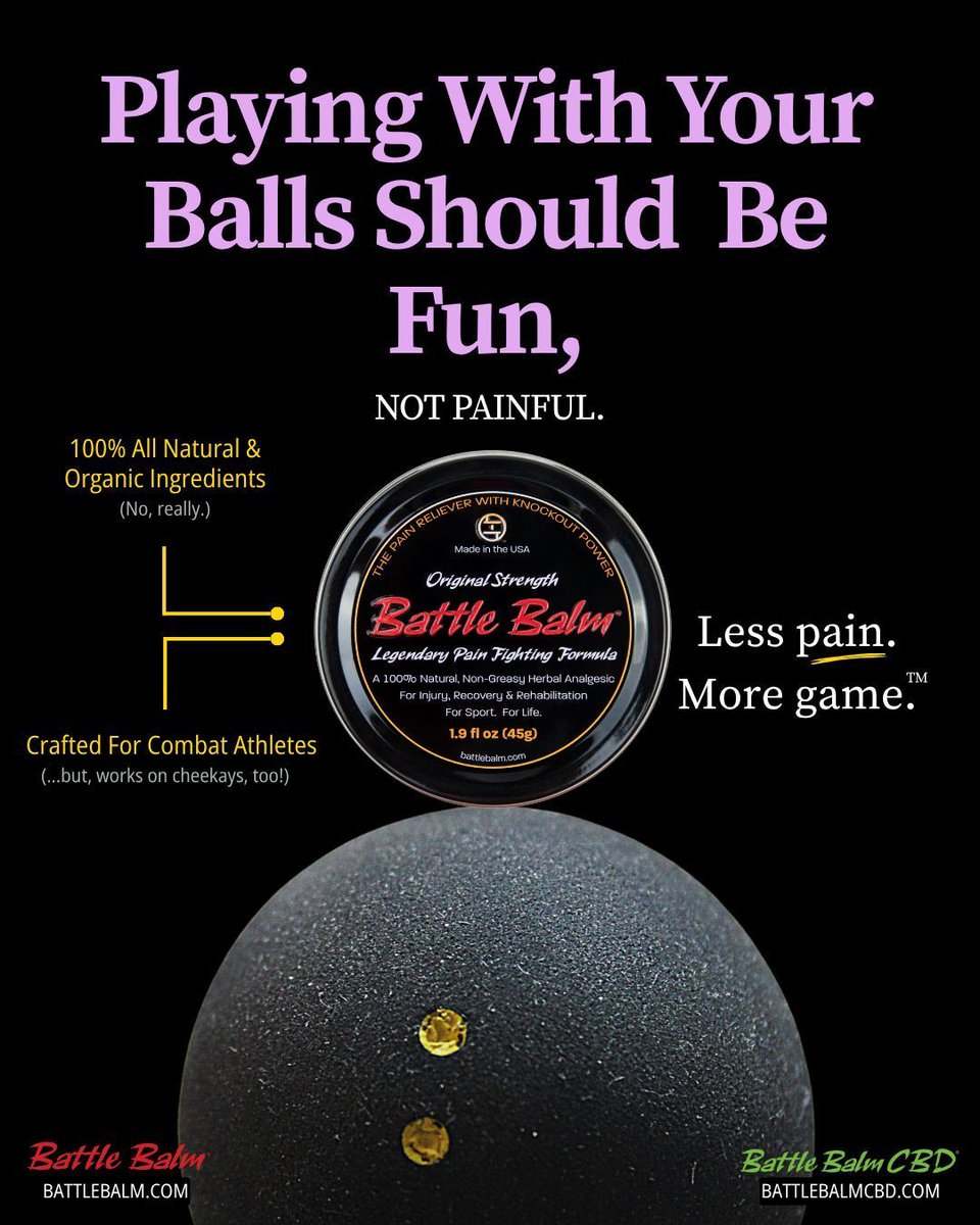 Legendary pain relief for every athlete, whether you dominate a ball sport or not.

We set the standard for powerful, all natural &amp; organic pain relief.

Battle for better.
20% off your first order with code: INSTA20
.
.
.
.
#battlebalm #squashlife #squashplayers #squashworldtour