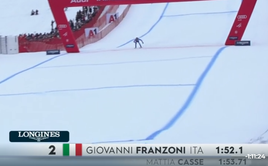 FrankSfarzo's tweet photo. All'arrivo Giovanni avanza il pugno ma ha già passato la linea con la testa, il tempo è già fermo a 1:52.30❗️Nella prova aveva fatto 1:52.20, l'anno prox potrà migliorare‼️
#Kitzbühel #skiworldcup https://t.co/vEmPMZesYV