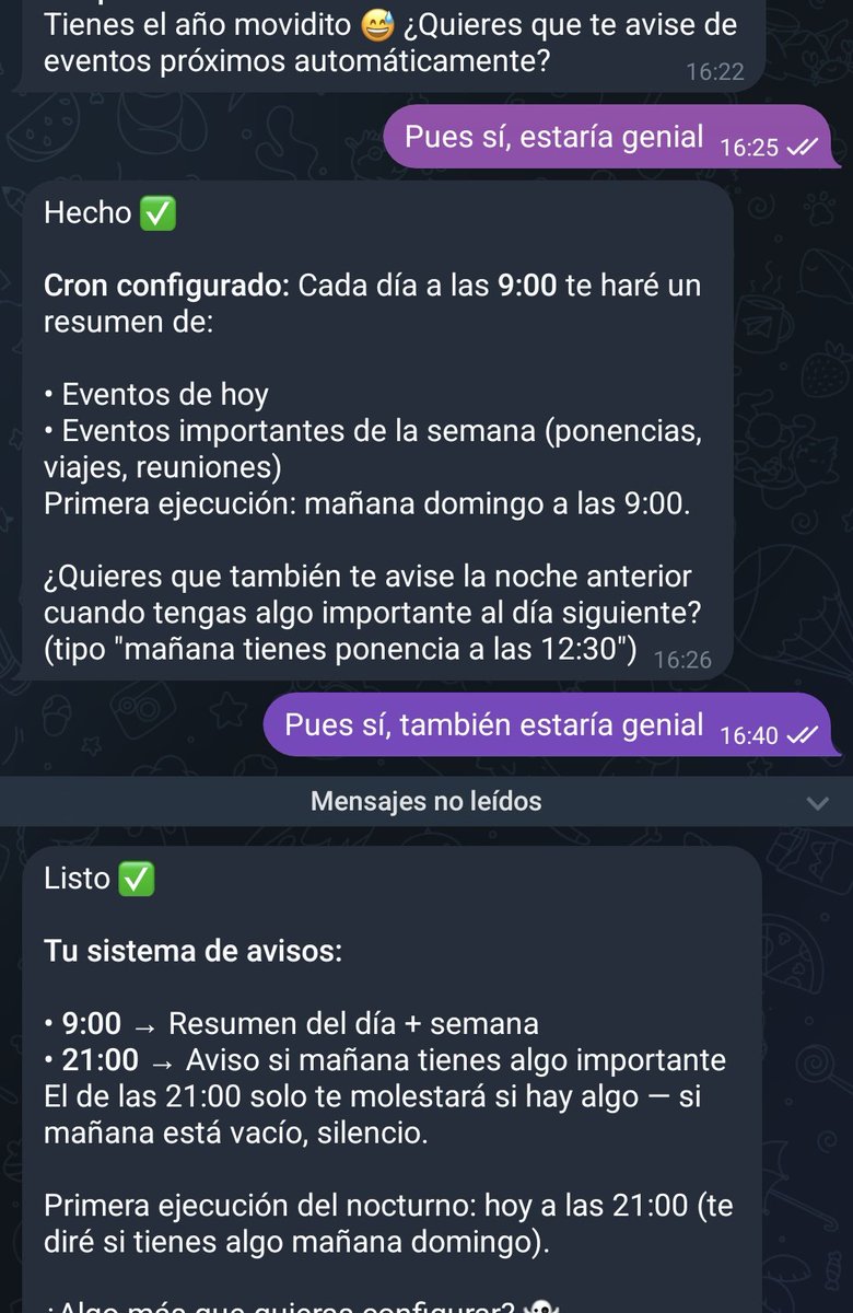 DotCSV's tweet photo. Quien quiera entenderlo se trata de un híbrido entre ChatGPT y Claude Cowork. Un asistente que puedes lanzar en tu ordenador (conectado a algún modelo por API) y dejarlo 24/7 a la espera y con el que puedes conversar y que haga tareas en tu equipo.

Puedes configurarlo para hablar con él desde Telegram/WhatsApp o más y como tiene acceso a tu ordenador en realidad es súper versátil hasta el punto de que puede programarse y configurarse sus propias habilidades.

También lo puedes integrar con múltiples MCP, con skills, etc. Lo típico que ofrecen los agentes actualmente.

Por ejemplo, puedes instalarte Whisper e inmediatamente ya puedes mandarle audio de voz por Telegram a tu asistente.

Lo interesante es la proactividad y utilidad que demuestra: le he pedido configurar el acceso a calendarios y luego he recordado que tengo un lio montado con un script para sincronizar desde Google Calendar a Notion y combinar mi calendario personal/profesional. Era un lío de explicar pero he recordado que justo tenía ese script en el mismo ordenador, así que le he mandado a revisarlo y con eso ya se ha configurado a la perfección tanto en Google como en Notion, ofreciéndome escribirme cada día por la mañana con lo más importante y si hay algo muy muy importante avisarme el día antes.

Ojo, esto no son funcionalidades que se hayan programado como tal para proponérselas al usuario, sino que es la propia IA agéntica siendo súper resolutiva y proactiva.

Claramente es hacia donde nos movemos.