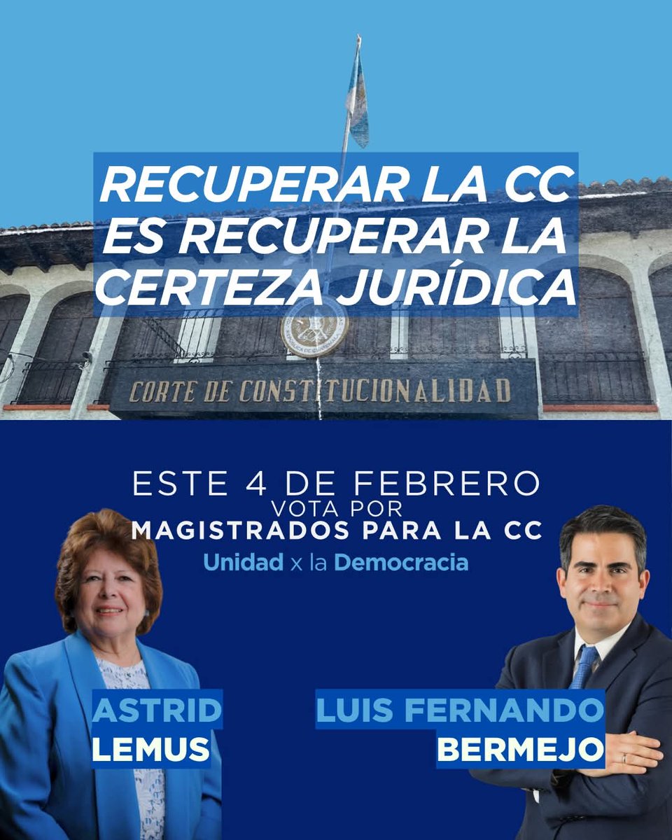 Colegas del Colegio de Abogados y Notarios de Guatemala luego de una revisión detenida de las y los candidatos para la Corte de Constitucionalidad, tomé la decisión de apoyar a  Astrid Lemus y a Luis Fernando Bermejo
Considero que son profesionales probos e idóneos  <a href="/UxD_GT/">Unidad x la Democracia</a>