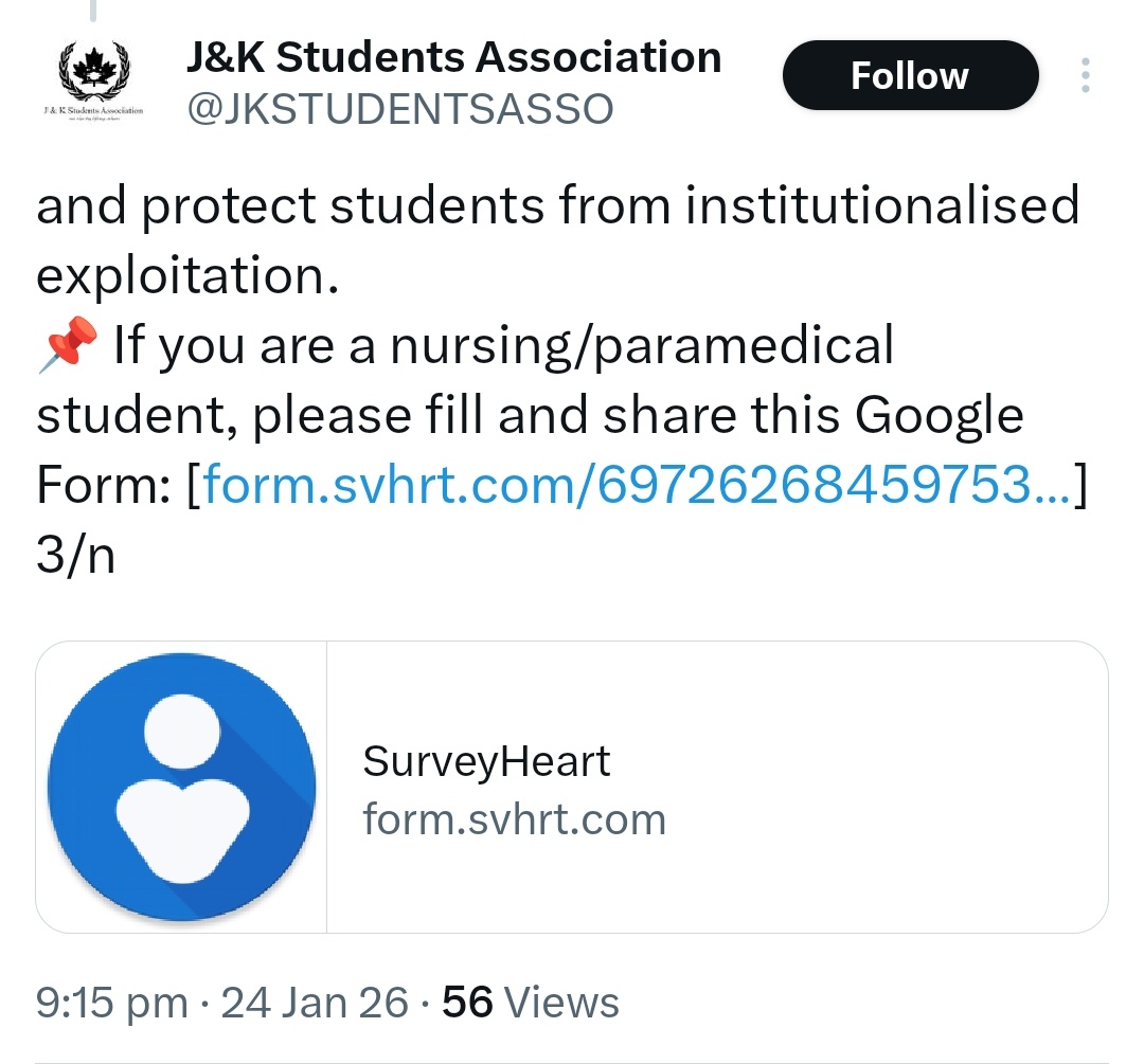 GreaterKashmir's tweet photo. Nursing & paramedical students are the backbone of our healthcare system, yet in Kashmir many are paid stipends as low as ₹4,000–₹5,000 despite working long hours and bearing immense responsibility. This is in clear violation of Hon’ble Supreme Court directions and MoHFW recommendations mandating minimum remuneration of around ₹20,000 per month. We are conducting a survey to collect verified data on stipends across J&K. This data will form the foundation of a proposed Public Interest Litigation (PIL) to enforce existing legal guidelines and protect students from institutionalised exploitation.
📌 If you are a nursing/paramedical student, please fill and share this Google Form: [https://t.co/kOzBq2mQk1…]

@JKSTUDENTSASSO