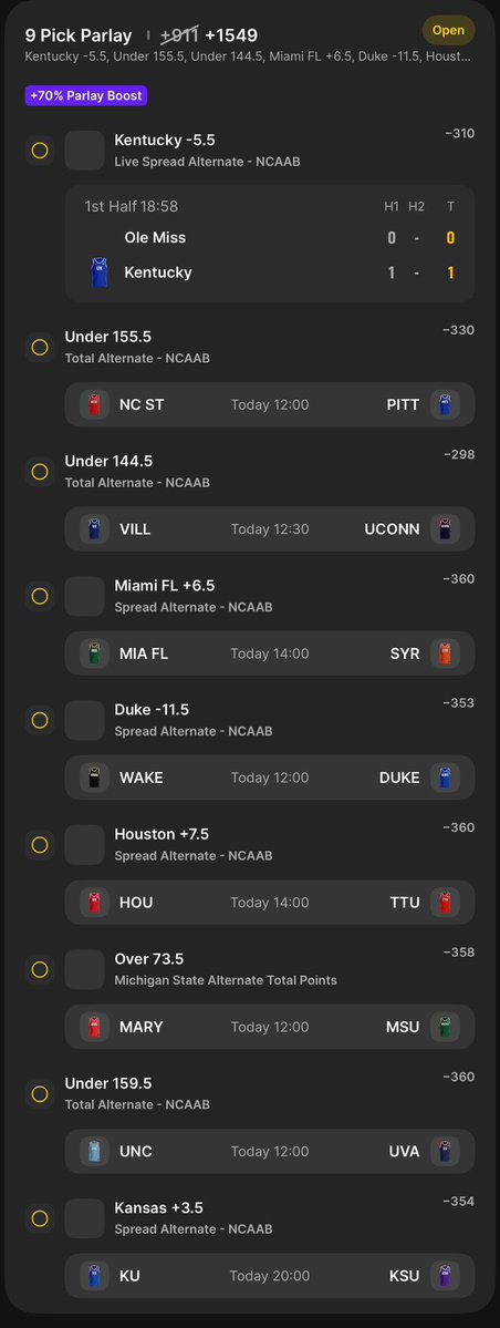 PropFactoryLabs's tweet image. A little CBB alt parlay with boost based on high% sims!
Good luck all! #Ncaab