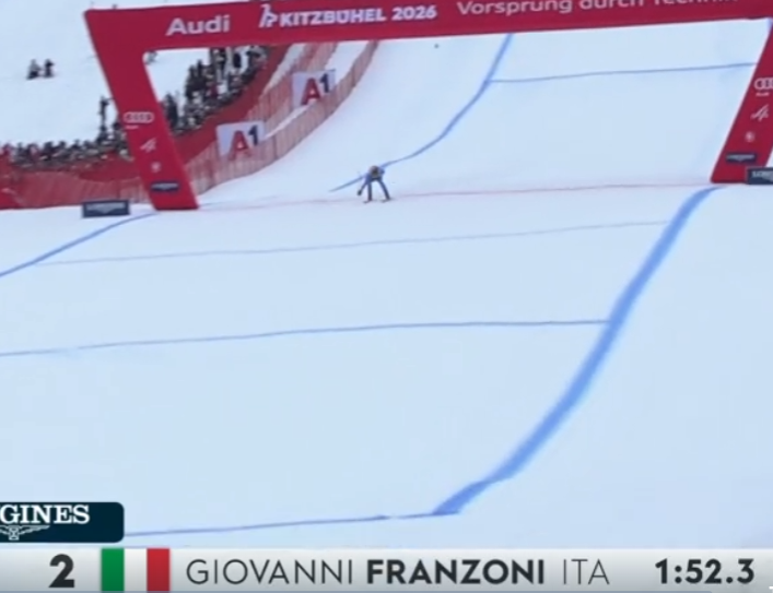 FrankSfarzo's tweet photo. All'arrivo Giovanni avanza il pugno ma ha già passato la linea con la testa, il tempo è già fermo a 1:52.30❗️Nella prova aveva fatto 1:52.20, l'anno prox potrà migliorare‼️
#Kitzbühel #skiworldcup https://t.co/vEmPMZesYV