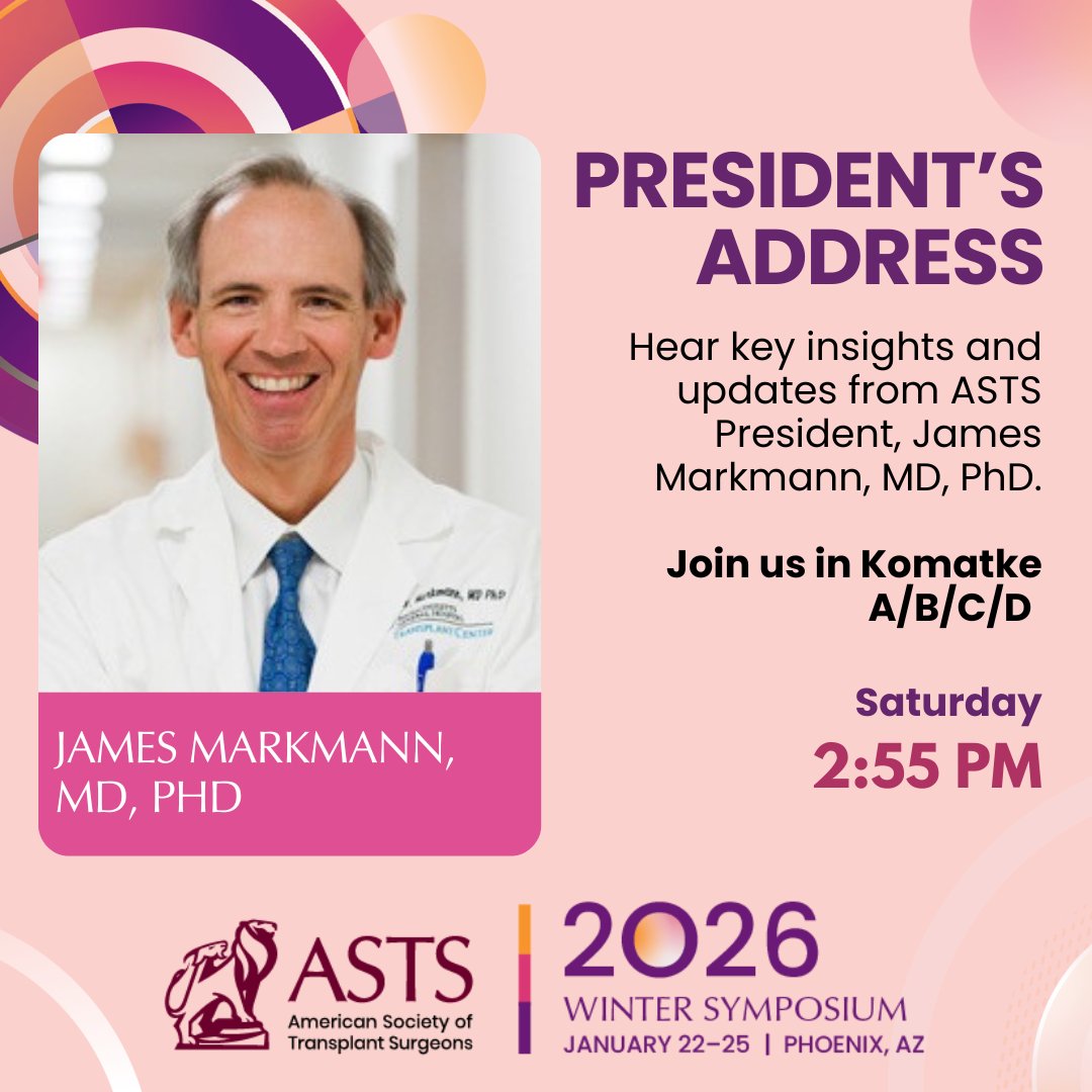 ASTSChimera's tweet photo. Don’t miss the President’s Address!
ASTS President Dr. Jim Markmann will share important updates and insights you won’t want to miss. Be part of the conversation!
#ASTSWinter https://t.co/ZNaft7hKRg
