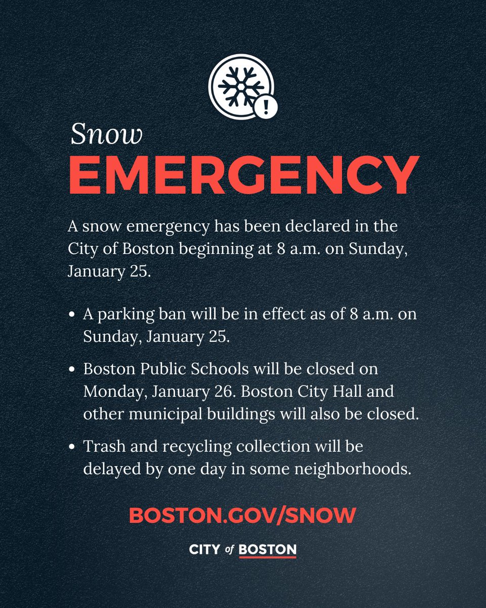 Mayor Michelle Wu has declared a snow emergency in the City of Boston beginning at 8 a.m. on Sunday, January 25, ahead of the forecasted winter storm. Residents are encouraged to stay home if possible and follow all snow regulations.

boston.gov/news/mayor-wu-…