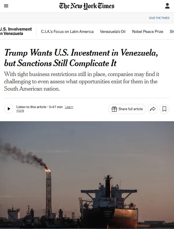Se corrobora una vez más:
Las "sanciones" de EEUU son las que afectaron severamente la economía venezolana e incluso hoy, son obstáculos para que el propio EEUU invierta en el país. 
Son la causa de la merma del ingreso, la inflación, la afectación a los servicios, la migración.