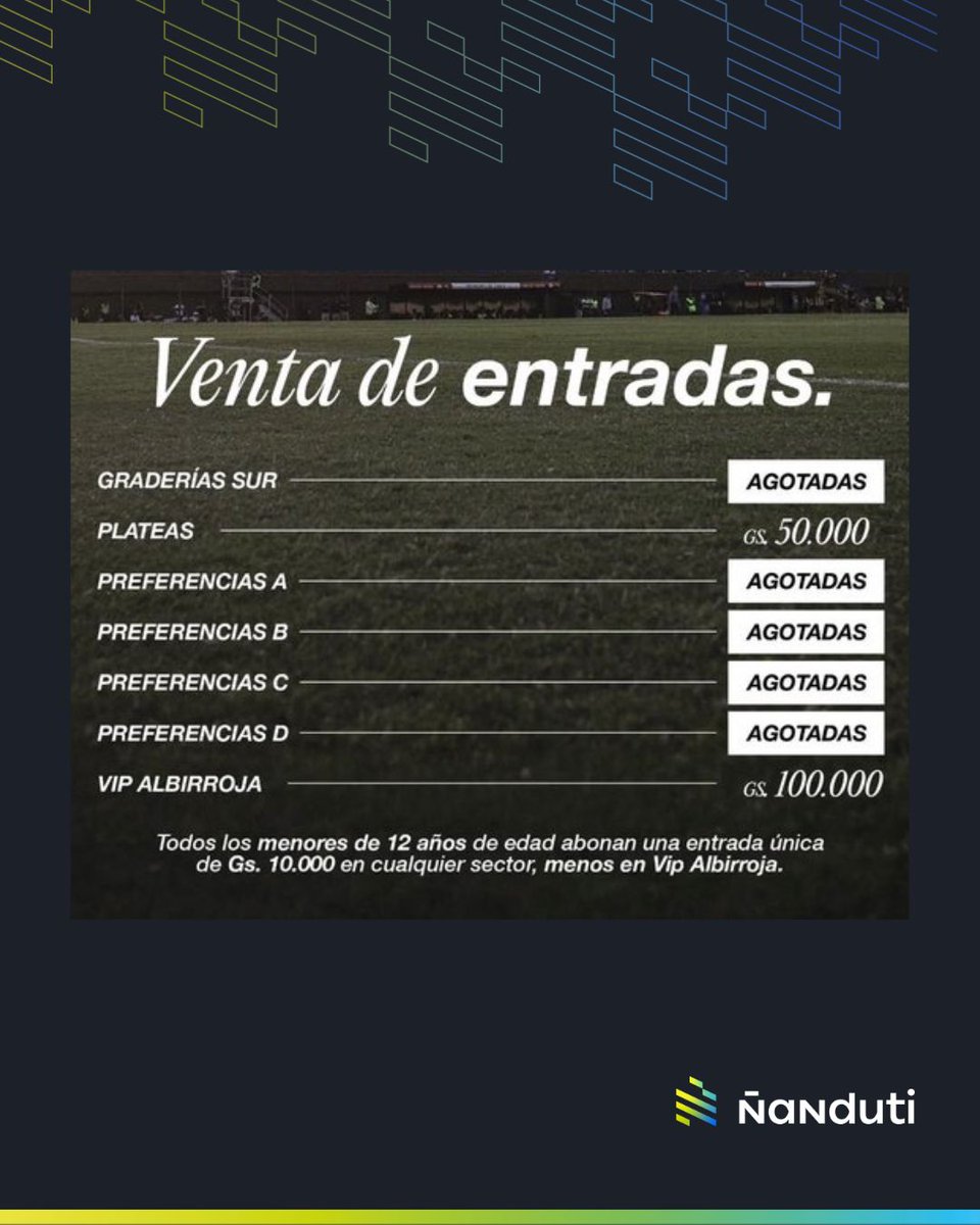 🚨 ATENCIÓN | 🎫 25mil entradas vendidas/canjeadas para el partido de #Olimpia ante #Guarani 

👉 Aún quedan Plateas y Vip albirroja.

📌 Vía: <a href="/kokeba79/">koke</a> 

#Ñanduti #LaGranJugada