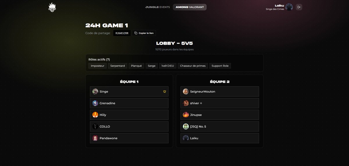 On est parti pour Among Valorant, on va avoir 10 imposteurs dans le lobby c'est open twitch.tv/JSQ_Singe