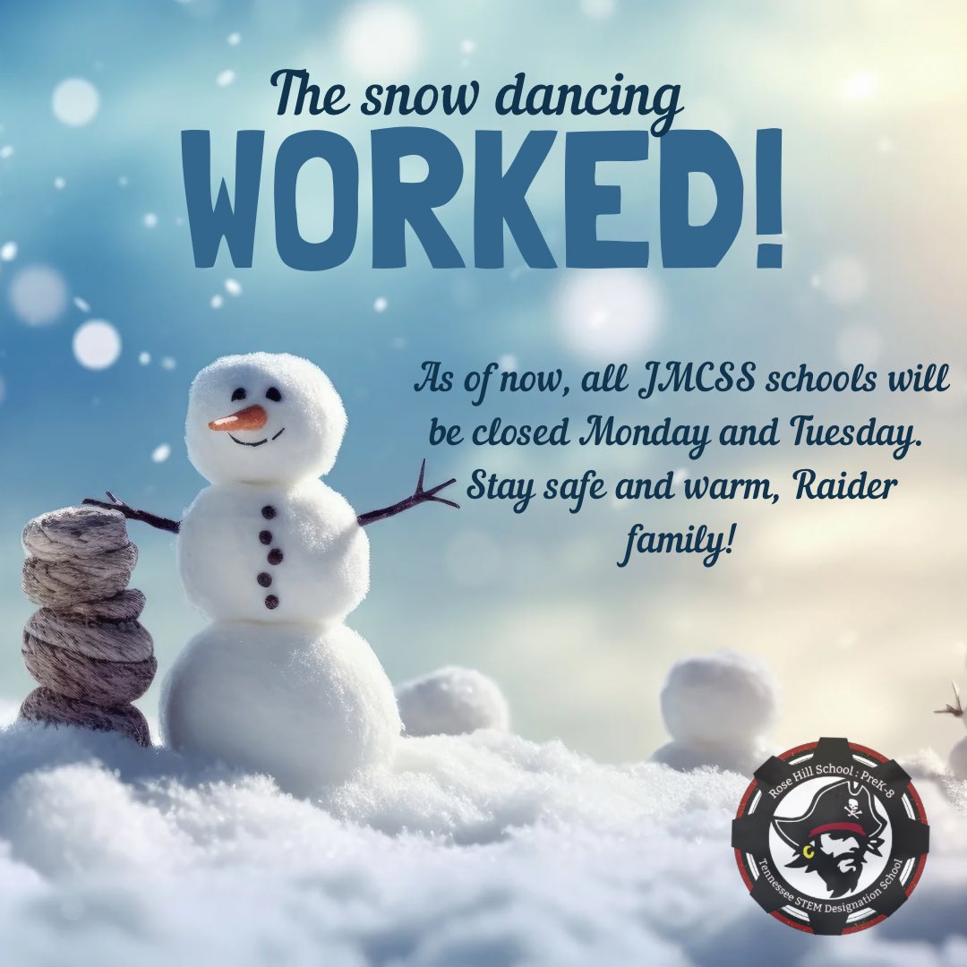 RoseHillRaiders's tweet photo. The snow dancing WORKED! ❄️💃🕺
All JMCSS schools will be closed Monday and Tuesday.
Stay safe and warm, Raider family! ❄️
#ElsaHasBeenActivated #DoYouWantToBuildASnowman #RoseHillRaiders
@TiffanyGreen08 @suptking @JMCSchools https://t.co/Ad3PNtl9s2