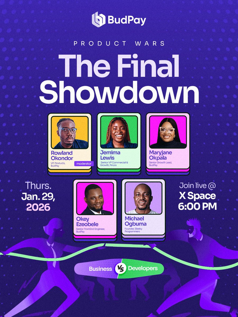 mybudpay's tweet photo. IT'S GOING DOWN!  
Business Development vs. Developers: The Final Showdown! 🔥

Join us LIVE at X Space on Thursday, Jan 29, 2026, at 6:00pm as industry leaders debate in a fiery conversation. 

 #TechDebate #BusinessVsDevs https://t.co/6AXhhJ1fsn