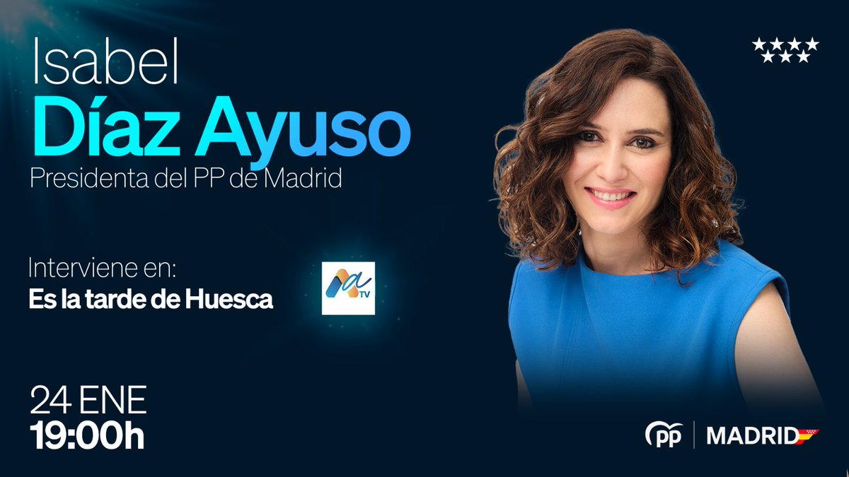 A partir de las 19h, la presidenta ⁦<a href="/IdiazAyuso/">Isabel Díaz Ayuso</a>⁩ será entrevistada en el programa “Es la tarde de Huesca” de Alto Aragón Televisión.

📲 Síguelo en directo: youtube.com/live/-V481o0Q1…