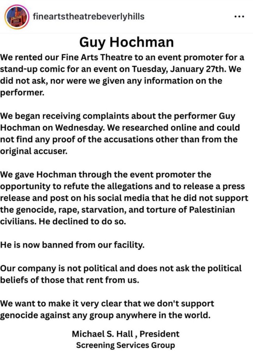 JewsFightBack's tweet image. 🚨 “SAY ISRAEL COMMITS GENOCIDE OR YOU’RE BANNED” 🚨
That’s what the Fine Arts Theatre in Beverly Hills told Israeli comedian Guy Hochman.

They didn’t like where he’s from.
So they demanded:

📢 Post online condemning “genocide, rape, starvation, and torture of Palestinians”……