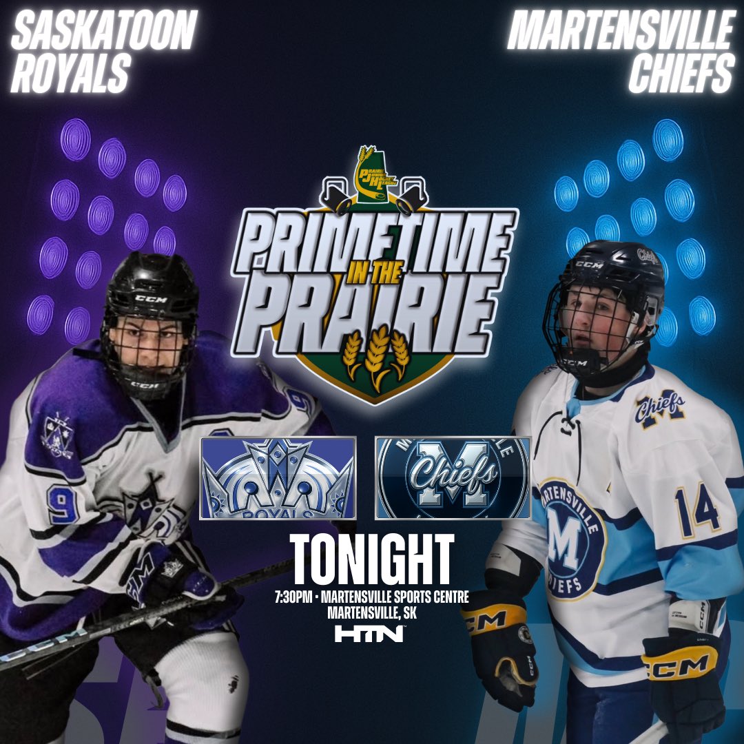 The Martensville #Chiefs take on the Saskatoon #Royals in a battle for third place in the standings TONIGHT at 7:30pm on #PrimetimeInThePrairie!

Follow along for scores and news!