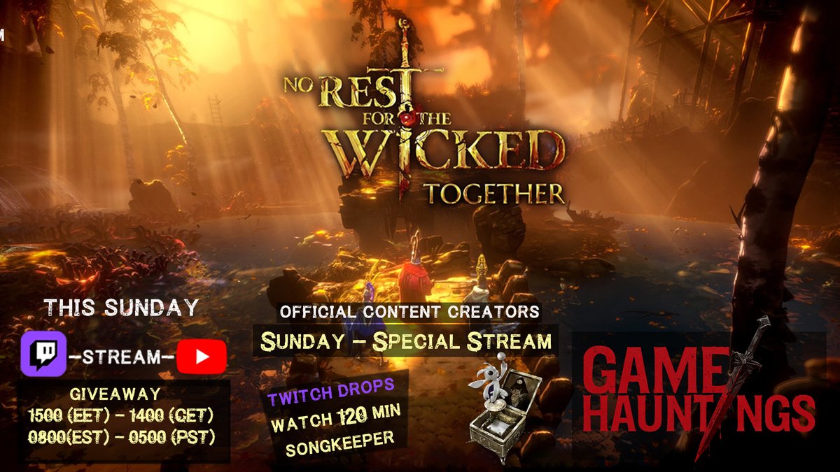 Tomorrow - Sunday at 15:00 (EET) - 14:00(CET) - 08:00 (EST) - 0500 (PST)co-op new patch <a href="/wickedgame/">No Rest for the Wicked</a> 

 As #OfficialContentCreators #drops are gonna be enabled and a #giveaway will running

on #twitchtv 👇
twitch.tv/gamehauntings

On #Youtube👇
youtube.com/@Gamehauntings…