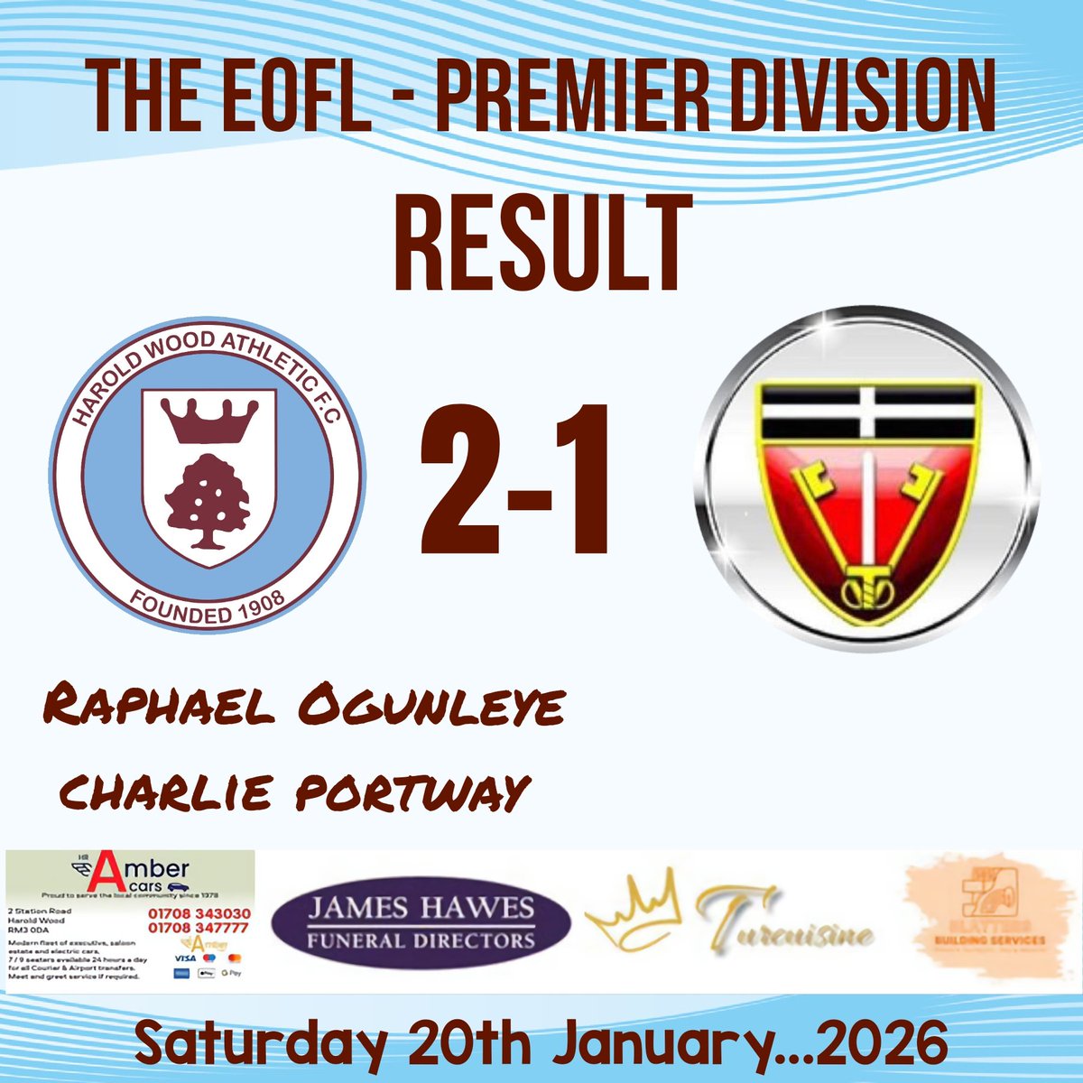 Result
<a href="/eofl/">eofl</a> Premier Division

Wood ........2️⃣
<a href="/OSFC_FND/">Old Southendian</a> ....1️⃣

On target for Wood this afternoon....
<a href="/r_ogunleye3/">Raphael Ogunleye</a>
<a href="/charlieportway_/">Charlie Portway</a>

⭐️ <a href="/clifford_lenny/">Lenny Clifford</a>