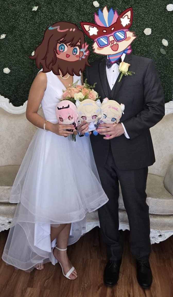 I wanna share my sweet love story to the hololive community. I'm Koru and I'm a Deadbeat💀, and my hubby <a href="/Veradis35/">Veradis🐾🩵🩷</a>  is a Ruffian🐾💙🩷. We recently got married in a lovely wedding (that we had our Calli and FuwaMoco plushies attend).  

#hololive
#MoriCalliope 
#FUWAMOCO