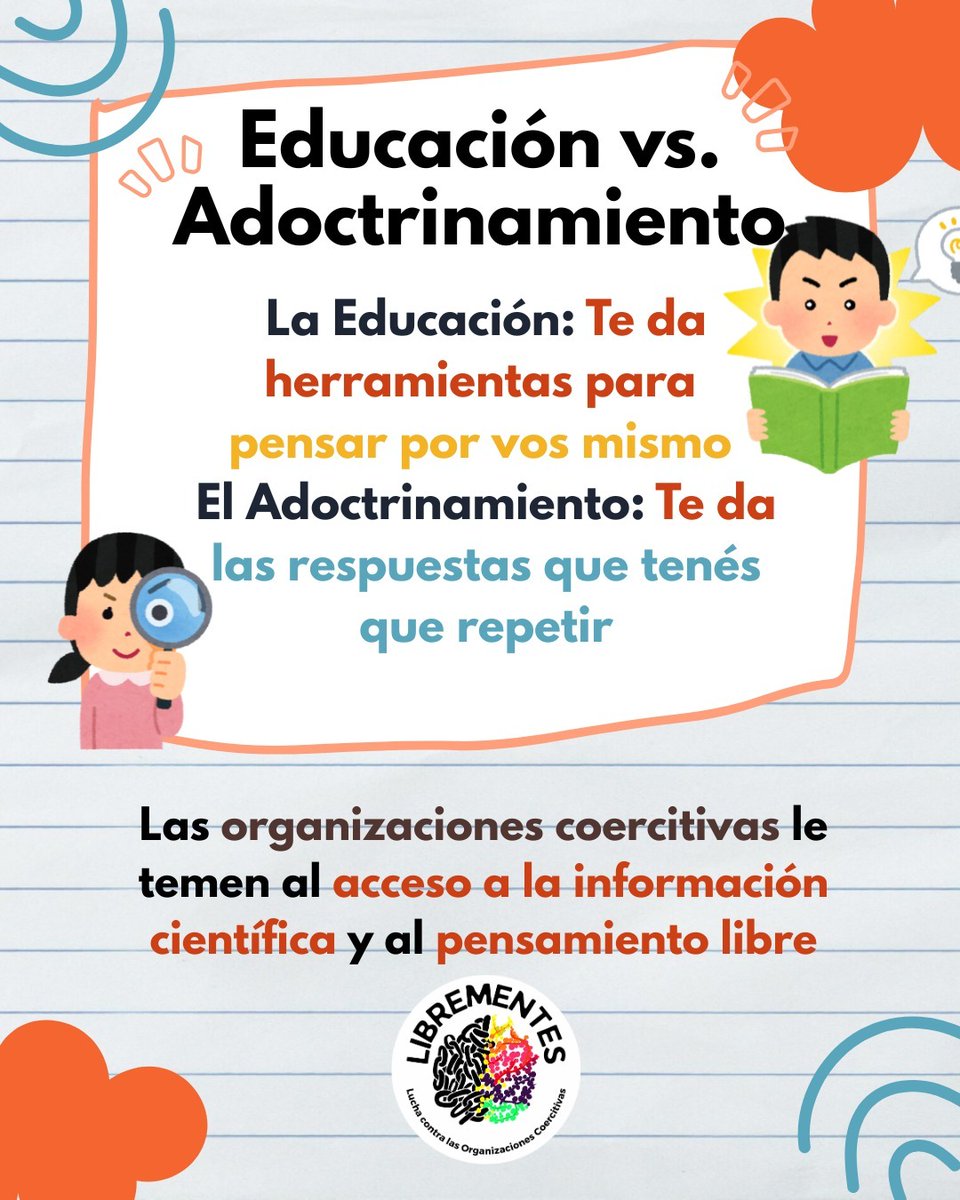 librementes's tweet photo. Educar es prevenir. 📚🔓

Los grupos coercitivos temen al pensamiento crítico porque una mente que cuestiona es difícil de manipular. Tu derecho a dudar y a recibir información veraz es tu mejor escudo.

enseñemos a pensar, no a obedecer. ✊

#DíaDeLaEducación #LibreMentes https://t.co/BKRIhL6UEz