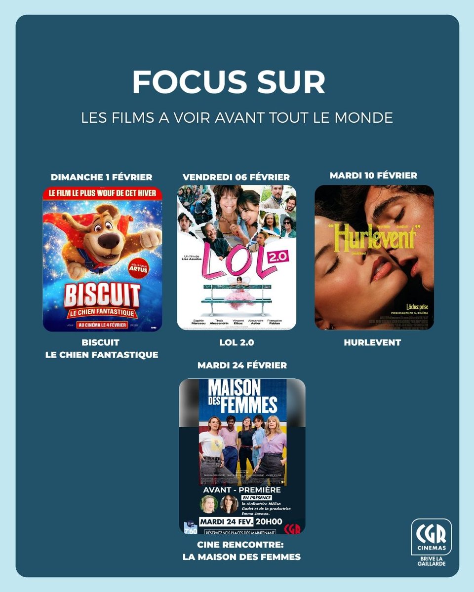 Pourquoi attendre la sortie nationale alors qu’on peut les voir en avant-première ?
🦸Biscuit le chien fantastique
🫦 LOL 2.0
❤️‍ Hurlevent
🎤La Maison des femmes
Les incontournables du début 2026 débarquent en salles… à ne surtout pas rater ! ✨
#avantpremieres #Malemort #brive