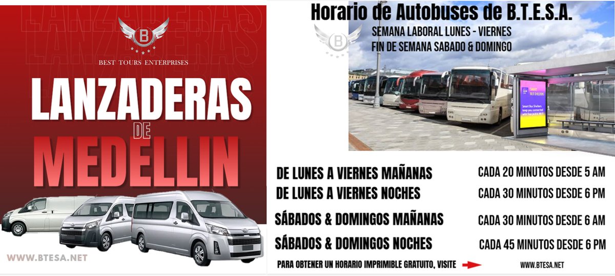 Best_Tours_LLC's tweet image. Bienvenido al servicio de #chofer de #BTESA #bus y #ShuttleBus. Nuestras principales sucursales en #Latinoamérica son: #Argentina y #CiudadDeMéxico. Nuestro despachador está ubicado en #Colombia y #Brasil. #Medellín, #Colombia, es donde se encuentranos.
btesa.net