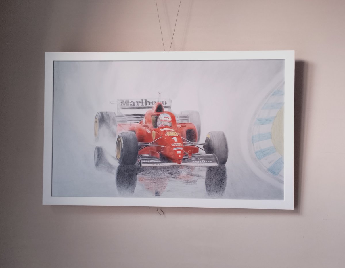 My last artwork "Schumacher first on GP Spain '96" epic victory on Ferrari exhibit at Ristorantino l' invito
Original for SALE ! Write me to possess a one-of-a-kind piece of history. #schumacher #ferrari #artwork #handmade #madeinitaly #InteriorDesign #homedecor #racing #F1