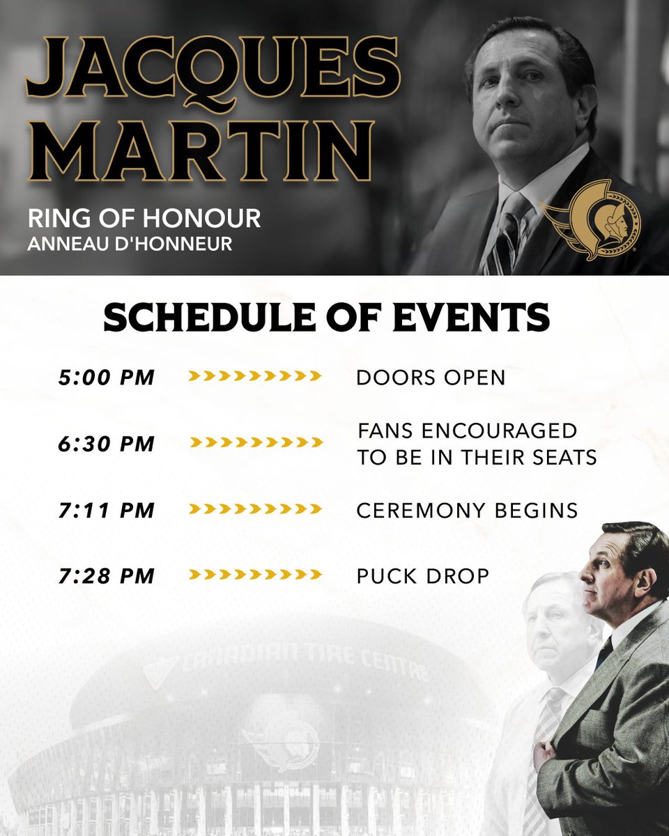 Make sure to get to <a href="/CdnTireCtr/">Canadian Tire Centre</a> early to get ready for Jacques Martin's Ring of Honour induction!