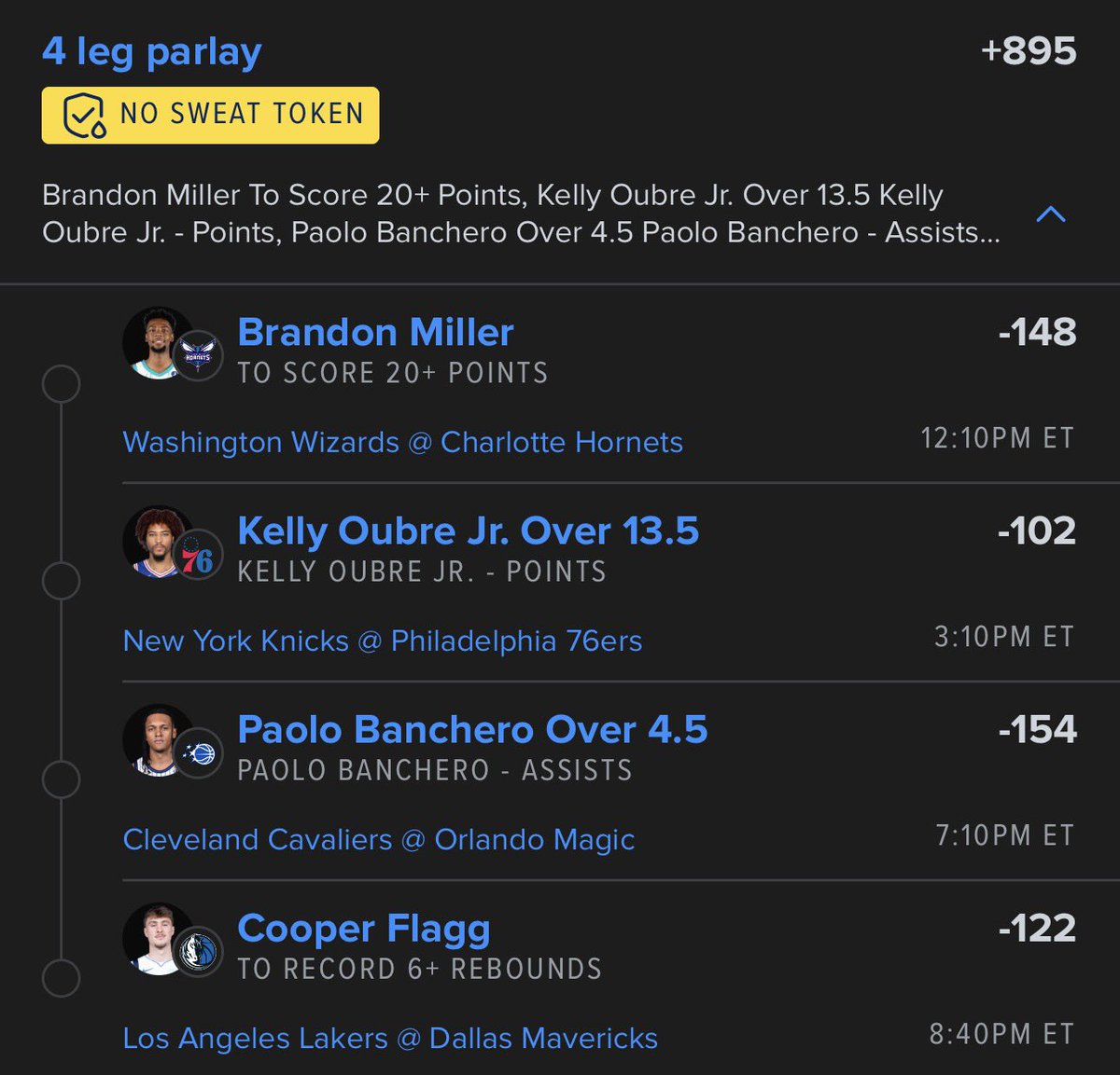 _PropDoctor's tweet image. #NBA No Sweat 

• Brandon Miller +20 points

• Kelly Oubre o13.5 points

• Paolo Banchero o4.5 assists

• Cooper Flagg +6 rebounds

#GamblingX #NBA #NBABets