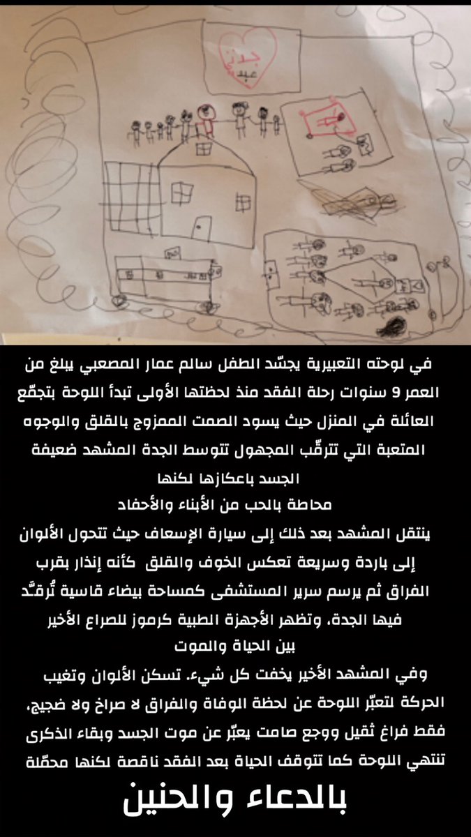 في لوحته التعبيرية يجسّد الطفل سالم عمار المصعبي يبلغ من العمر 9 سنوات رحلة الفقد منذ لحظتها الأولى تبدأ اللوحة بتجمّع العائلة في المنزل حيث يسود الصمت الممزوج بالقلق والوجوه المتعبة التي تترقّب المجهول تتوسط الجدة المشهد ضعيفة الجسد باعكازها لكنها محاطة بالحب من الأبناء والأحفاد