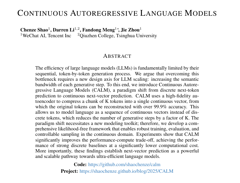 simplifyinAI's tweet photo. Tencent just killed the "next-token" paradigm 🤯

Tencent and Tsinghua University just released Continuous Autoregressive Language Models (CALM).

Current LLMs are bottlenecked because they must predict every single word piece one by one.

CALM predicts "next-vectors" that encapsulate entire chunks of meaning at once.

Each step now carries 4x the information, slashing training compute by 44%.