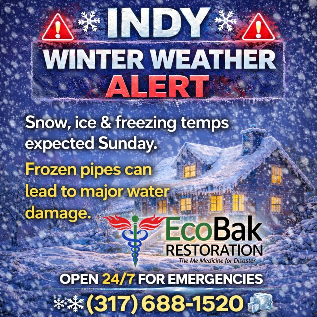 EcoBakRestore's tweet photo. 🚨 Saturday Weather Alert – Indianapolis 🚨
Freezing temps, snow &amp; ice are moving through today. Frozen pipes can cause major water damage fast. We’re open 24/7 for emergencies.
📞 Call (317) 688-1520 if you need help. Stay safe, Indy. ❄️🧊 https://t.co/EHUBNxWO9D