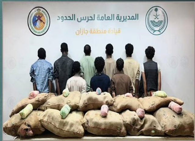 حرس الحدود بجازان يقبض على 9 إثيوبيين ويمنيين لتهريبهم 300 كيلوجرام من القات المخدر 