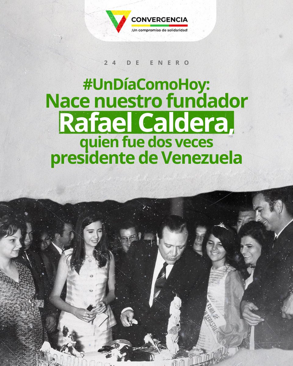 ConvergenciaVe's tweet photo. Hoy celebramos el nacimiento de nuestro fundador, @RafaelCalderaOf. Un hombre de familia y un demócrata cristiano ejemplar, que trabajó para que cada hogar en Venezuela viviera con progreso, paz y estabilidad. Fiel a sus principios, abrió el camino del diálogo y la tranquilidad que las familias necesitaban para salir adelante.

En Convergencia mantenemos firme nuestro compromiso con la libertad de Venezuela, guiados por los mismos valores y con el firme propósito de ver a nuestras familias unidas nuevamente.

#24Ene