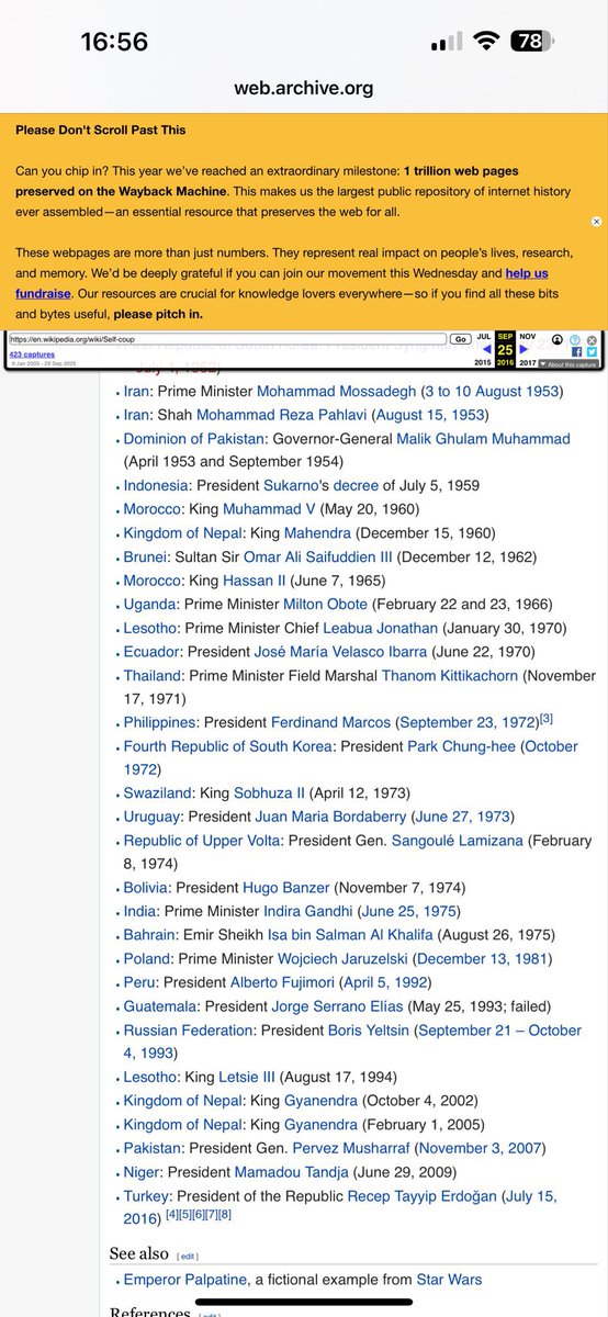 nazofcanad6e's tweet photo. Aaaa bakın wikipedia’nın arşivinde kendi kendine darbe yaptıran liderler kısmında kimin adı geçiyormuş ? 😂 Az aşağı inin en sona bakın 😬 Arşivde çünküsü çakma darbeden sonra Türkiye’de wikipedia engellendi. Ne zaman bu veriyi sildiler kayıtlardan tekrar erişime açıldı. Lakin arşivde hala duruyoreee 😂 Arşive bakamayanlar için fotosunu ekledim 😁https://t.co/vAbOLiFczs…