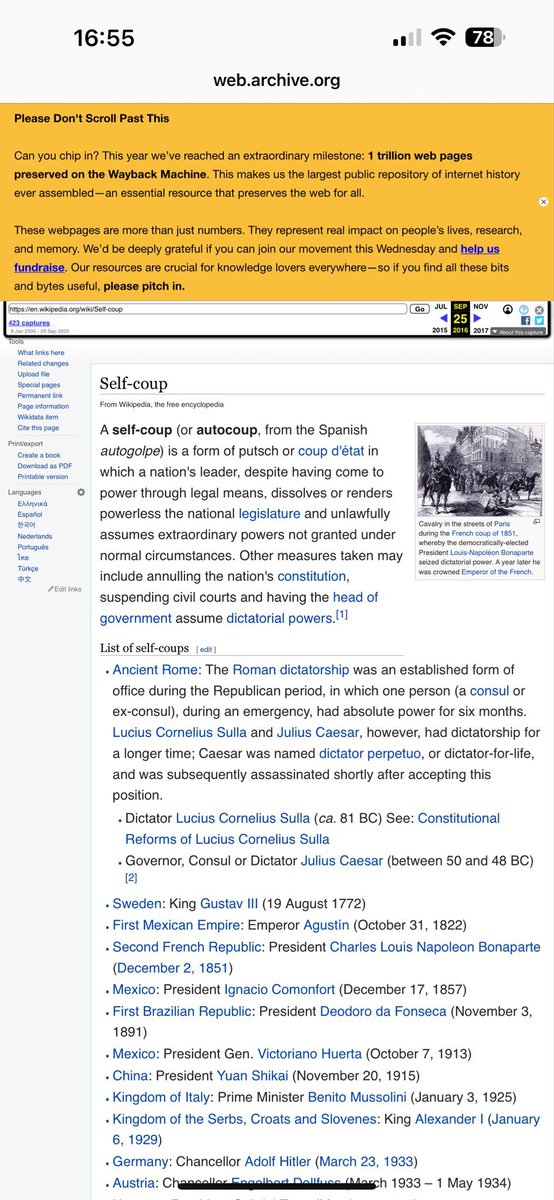 nazofcanad6e's tweet photo. Aaaa bakın wikipedia’nın arşivinde kendi kendine darbe yaptıran liderler kısmında kimin adı geçiyormuş ? 😂 Az aşağı inin en sona bakın 😬 Arşivde çünküsü çakma darbeden sonra Türkiye’de wikipedia engellendi. Ne zaman bu veriyi sildiler kayıtlardan tekrar erişime açıldı. Lakin arşivde hala duruyoreee 😂 Arşive bakamayanlar için fotosunu ekledim 😁https://t.co/vAbOLiFczs…