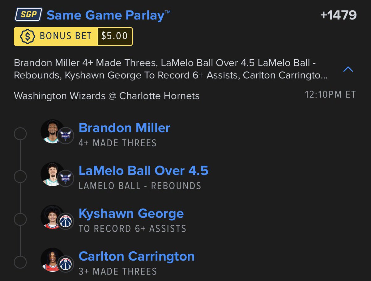 _PropDoctor's tweet image. WIZARDS VS HORNETS #SGP

• Brandon Miller +4 threes

• LaMelo Ball o4.5 rebs

• Keyshawn George +6 assists

• Carlton Carrington +3 threes

#Gambling #GamblingX #NBA