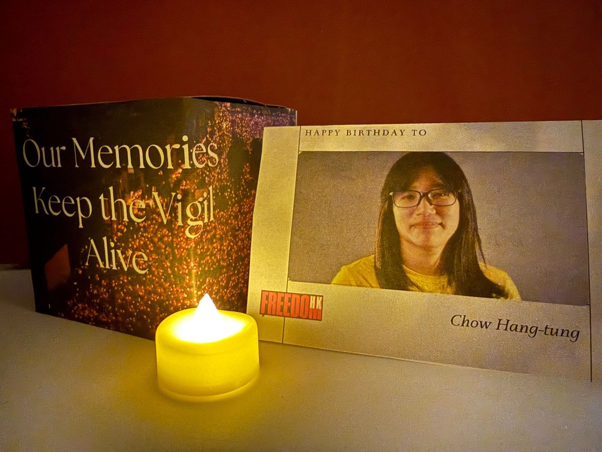PaulKohlerSW19's tweet photo. I light a candle today for Chow Hang-tung (鄒幸彤) as her national security trial begins, and on her fifth birthday in prison.
She is imprisoned for remembrance — for honouring the victims of the 1989 Tiananmen Square massacre.

I stand with Chow Hang-tung. https://t.co/8zKv99u34a