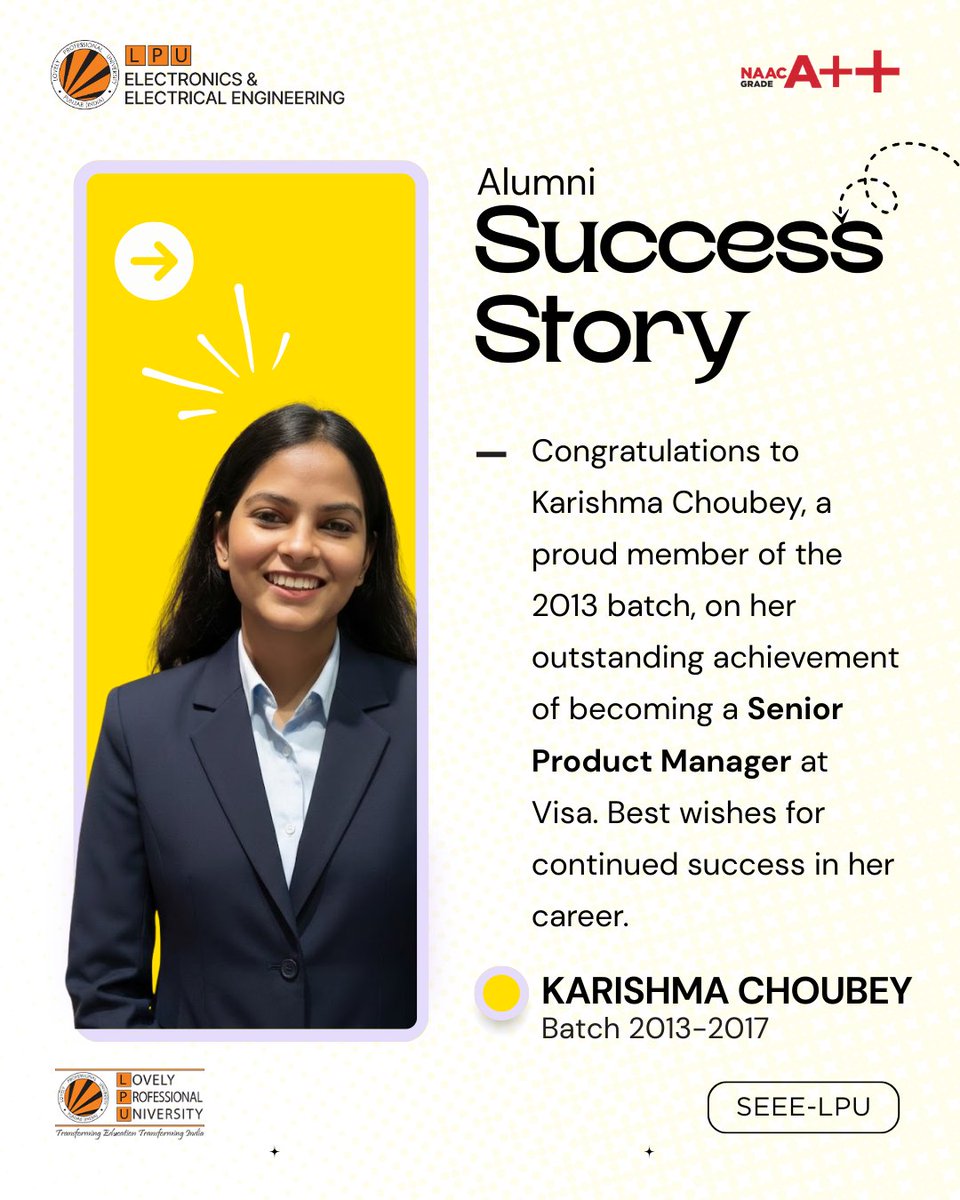 LPU_EEE's tweet image. Celebrating Karishma Choubey, whose journey from LPU to Senior Product Manager at Visa inspires like a guiding star 🌟. Her success flows like a strong current—focused, fearless, and future-ready.

#LovelyProfessionalUniversity #LPU #BestUniversity #TopUniversity #lpuuniversity