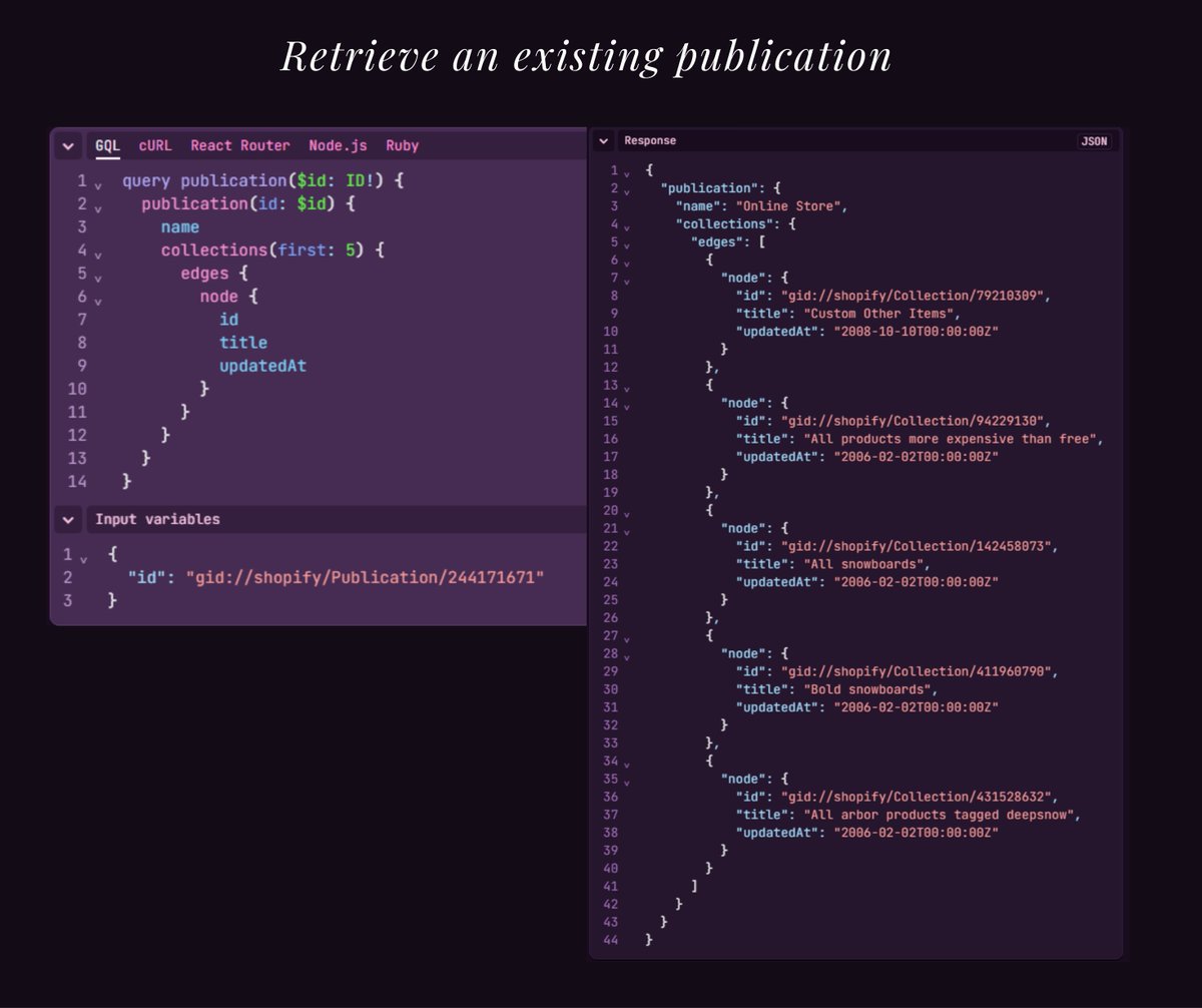 fayyazraza315's tweet photo. Retrieve an Existing Publication with Shopify GraphQL API
#Shopify #ShopifyDeveloper #GraphQL #ShopifyAPI #Publications #SalesChannels #Collections #APIIntegration #EcommerceDevelopment #WebDevelopment #BackendDevelopment #DevTools https://t.co/bhuUPN0TrV