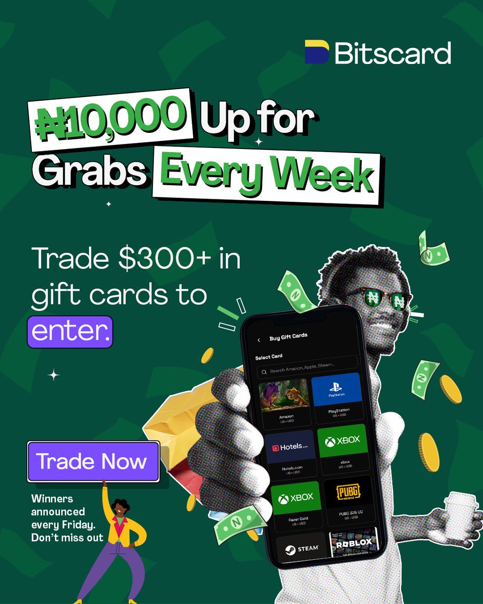 bitscardng's tweet photo. Weekly ₦10,000 up for grabs? Say no more! 🤑

Want to enter? It’s simple:

Trade $300+ in gift cards on Bitscard this week and you’re in the running! 🚀
Winners announced every Friday. Don't carry last! 🏃💨

#Bitscard #GiftCards #GiveawayNG #PassiveIncome https://t.co/2DifGzm4k5