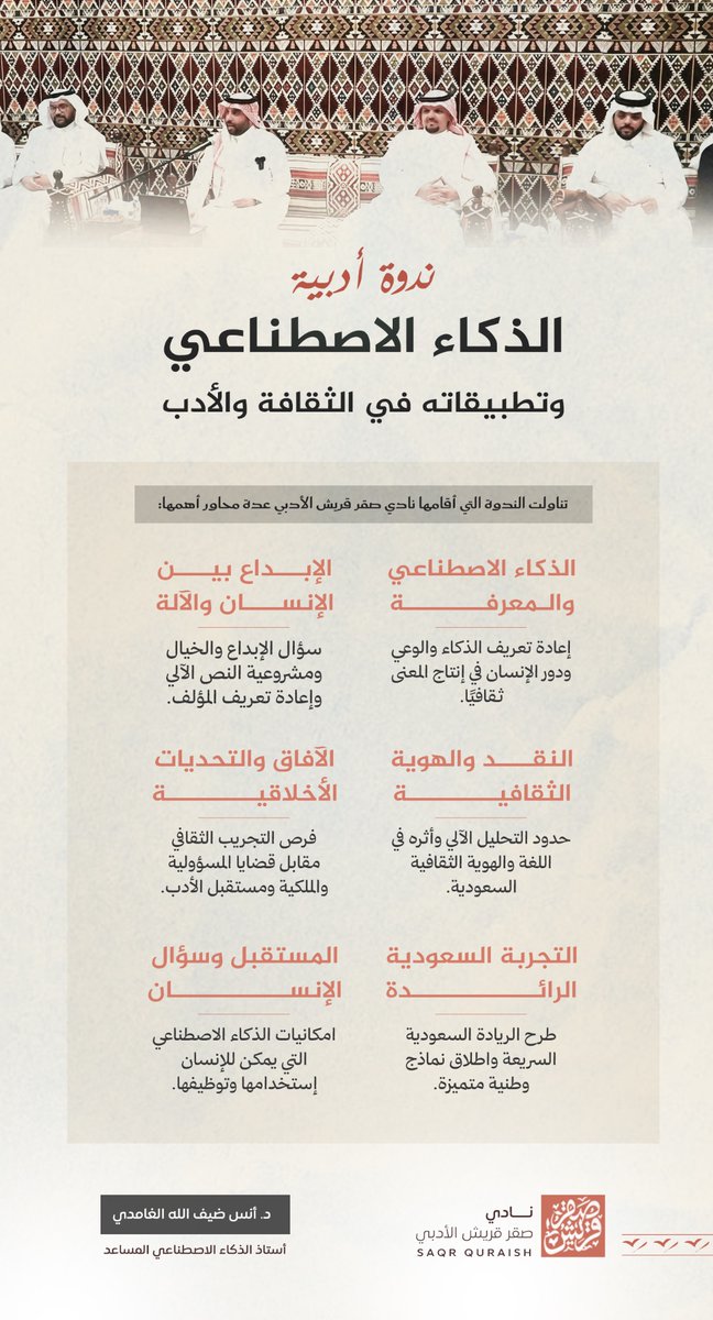 نادي صقر قريش الأدبي يُقيم ندوة عن 
الذكاء الاصطناعي وتطبيقاته في الثقافة والأدب.