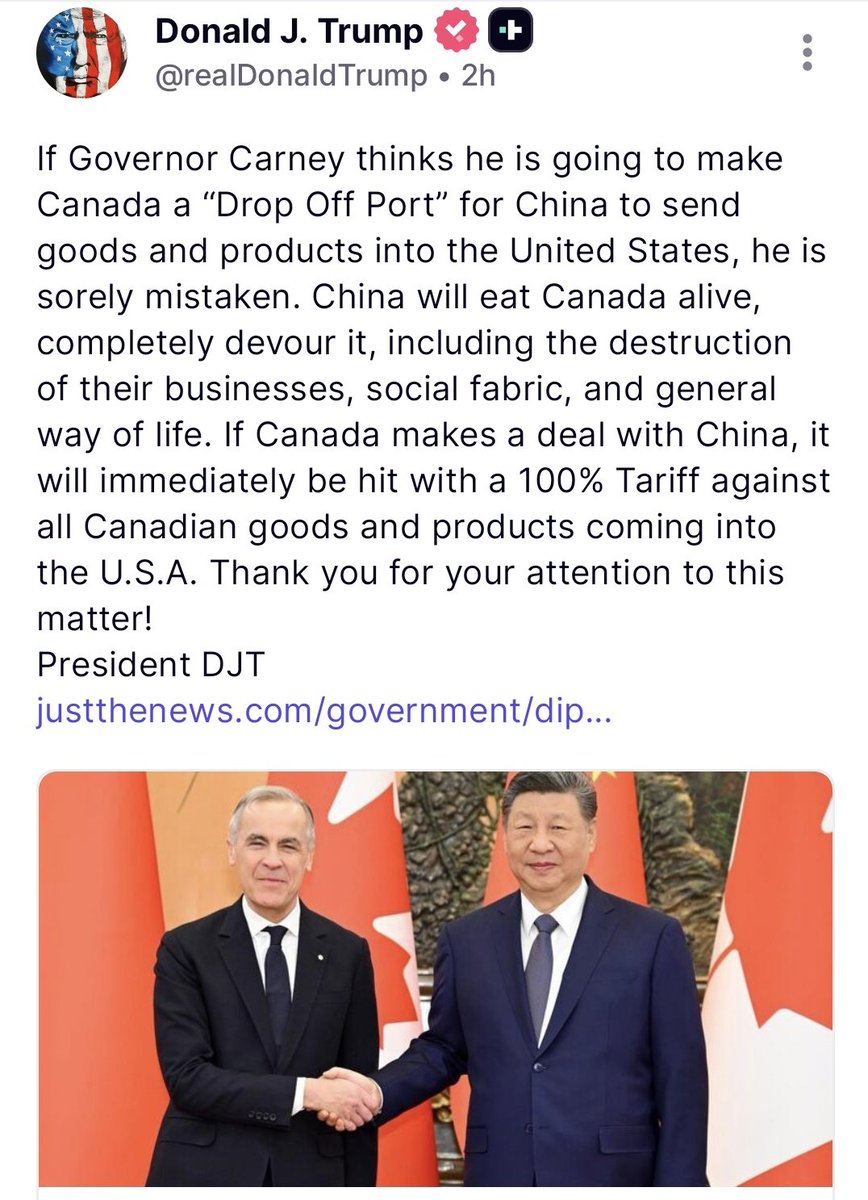 #Trump und die Welt! Heute ist mal #Kannada dran!
"Sollte Kannada ein Abkommen mit #China schließen, wird es umgehend mit einem 100%igen #Zoll auf alle kanadischen Waren und Produkte in den #USA belegt. Vielen Dank für Ihre Aufmerksamkeit! Präsident DJT"