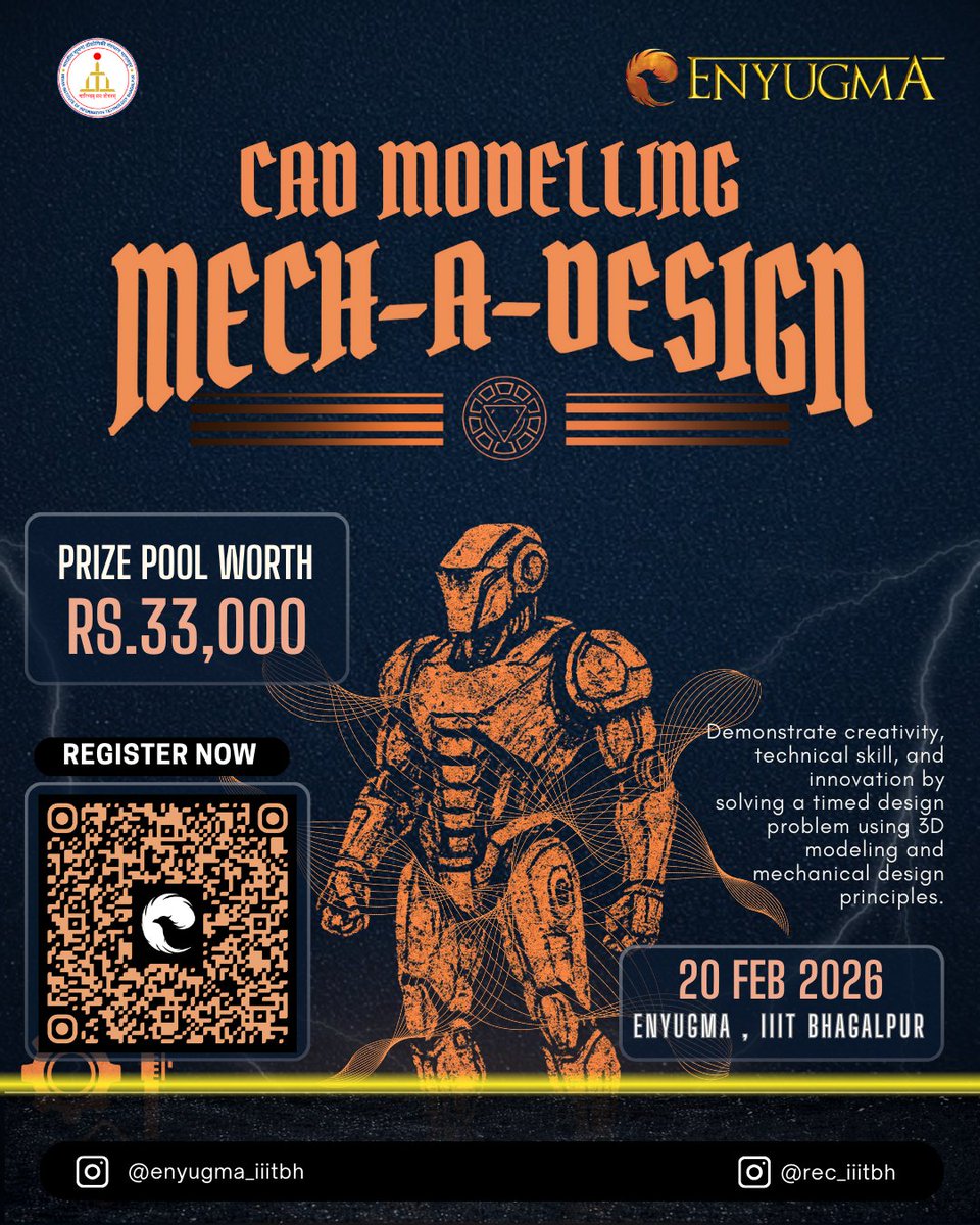 Enyugma_iiitbh's tweet image. Ready to turn ideas into designs? 🚀MECH-A-DESIGN 🔩
The ultimate CAD Modelling Event at ENYUGMA 2026, IIIT Bhagalpur.Think • Design • Create • Compete#Mech-A-Design 
#Enyugma2026 
#IIITBhagalpur 
#CADDesign
 #MechanicalEngineering 
#CollegeFest