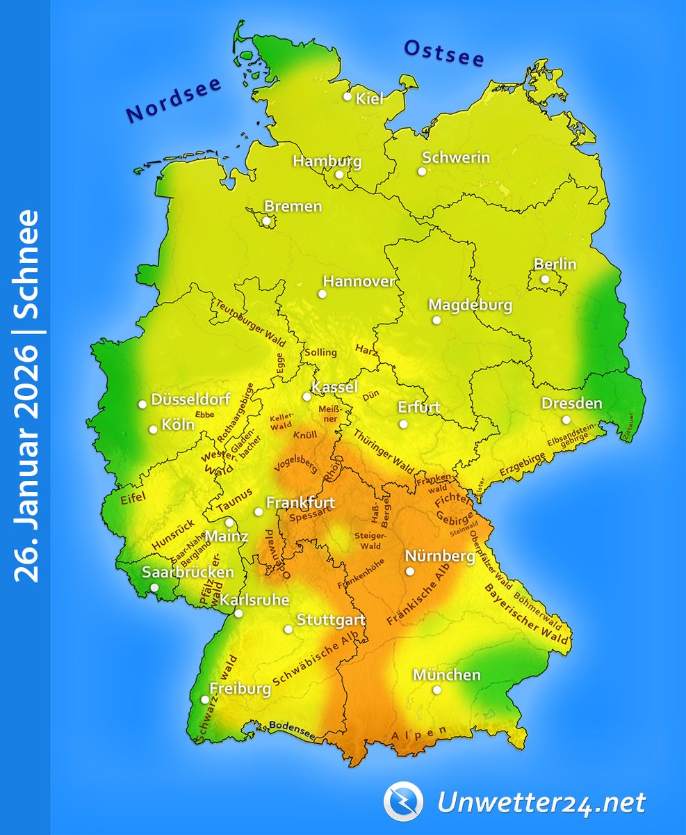 🌨️ Bis 30 cm Neuschnee – Einschränkungen zum Berufsverkehr 🌨️

Pünktlich zum Wochenwechsel starten wir mit Tief "Leonie" in eine Schneelage. Verbreitet gibt es dabei Neuschnee.

Weitere Details: unwetter24.net/2026/01/24/bis…

#Schnee #Neuschnee #Leonie #Winter #Wetter #Wetterwarnung