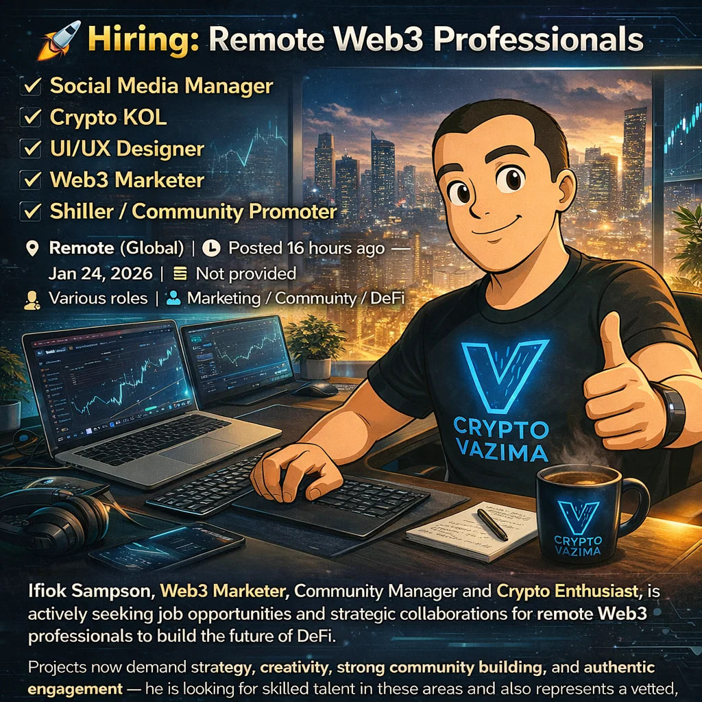 🚀 Hiring: Remote Web3 Pros — Social Media Manager, Crypto KOL, UI/UX  Designer, Web3 Marketer, Shiller/Community Promoter 📍 Remote (Global) | 💼  Various | 🧑‍💻 Marketing / Community / DeFi | 💰