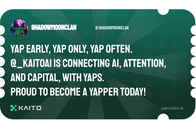 shadowmoonclan's tweet photo. Yap early, yap only, yap often.

@KaitoAI is connecting AI, attention and capital with Yaps.

Just claimed my social card and I'm accumulating Yap points in real-time.

Claim yours 👉 https://t.co/WRhOe9PfiE https://t.co/vP3znnk6tw