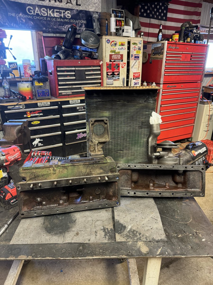 SinnMan806's tweet photo. Been working on the wife’s, late grandpas JD 50. This old radiator core lasted 72 years. (Assuming its original) brand new one leaked right out of the box. I’m sure it came from China, but the lack of craftsmanship anymore is ridiculous. https://t.co/fVe87XEkTl