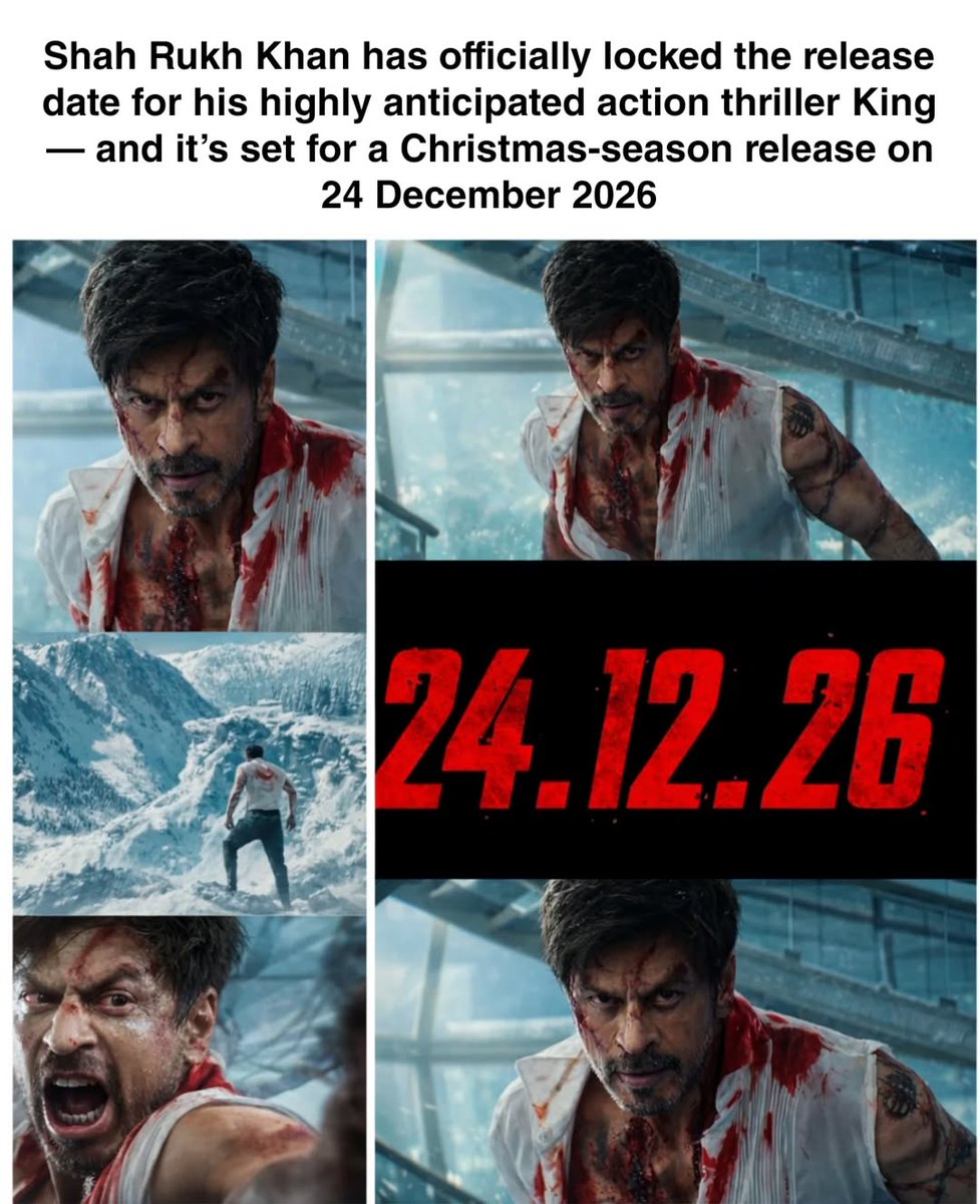 SonuKum00171039's tweet photo. Christmas just got crowned. 👑🔥
Shah Rukh Khan locks 24 December 2026 for KING — the throne belongs to the biggest screen, the loudest cheers, and the longest queues.
Festive season. Action season. SRK season. 🎄✨
#King #ShahRukhKhan #SRK #KingOnDec24 #ChristmasRelease ActionThriller Bollywood IndianCinema BlockbusterSeason KingIsComing 👑🔥