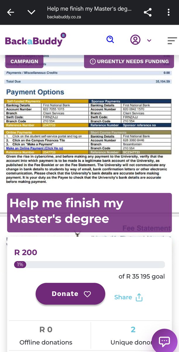 ohhaphiday's tweet image. Hey everyone✨️
I am currently raising funds in order to register for the current academic year. I need to raise a minimum of R17 597.50 so that I can proceed and complete my Master's degree. I would appreciate any amount, or simply just sharing this post. 
Thank you in advance.