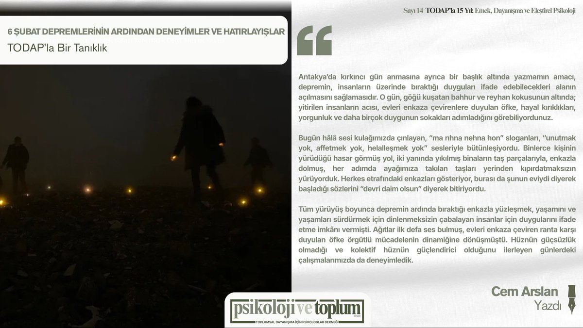 psikolojitoplum's tweet photo. 6 Şubat Depremlerinin Ardından Deneyimler ve Hatırlayışlar: TODAP’la Bir Tanıklık

✍️ Cem Arslan yazdı

📍 https://t.co/tPOViaIz7B

#PsikolojiveToplum #TODAPla15Yıl #6Şubat https://t.co/ZvHscS49Dc