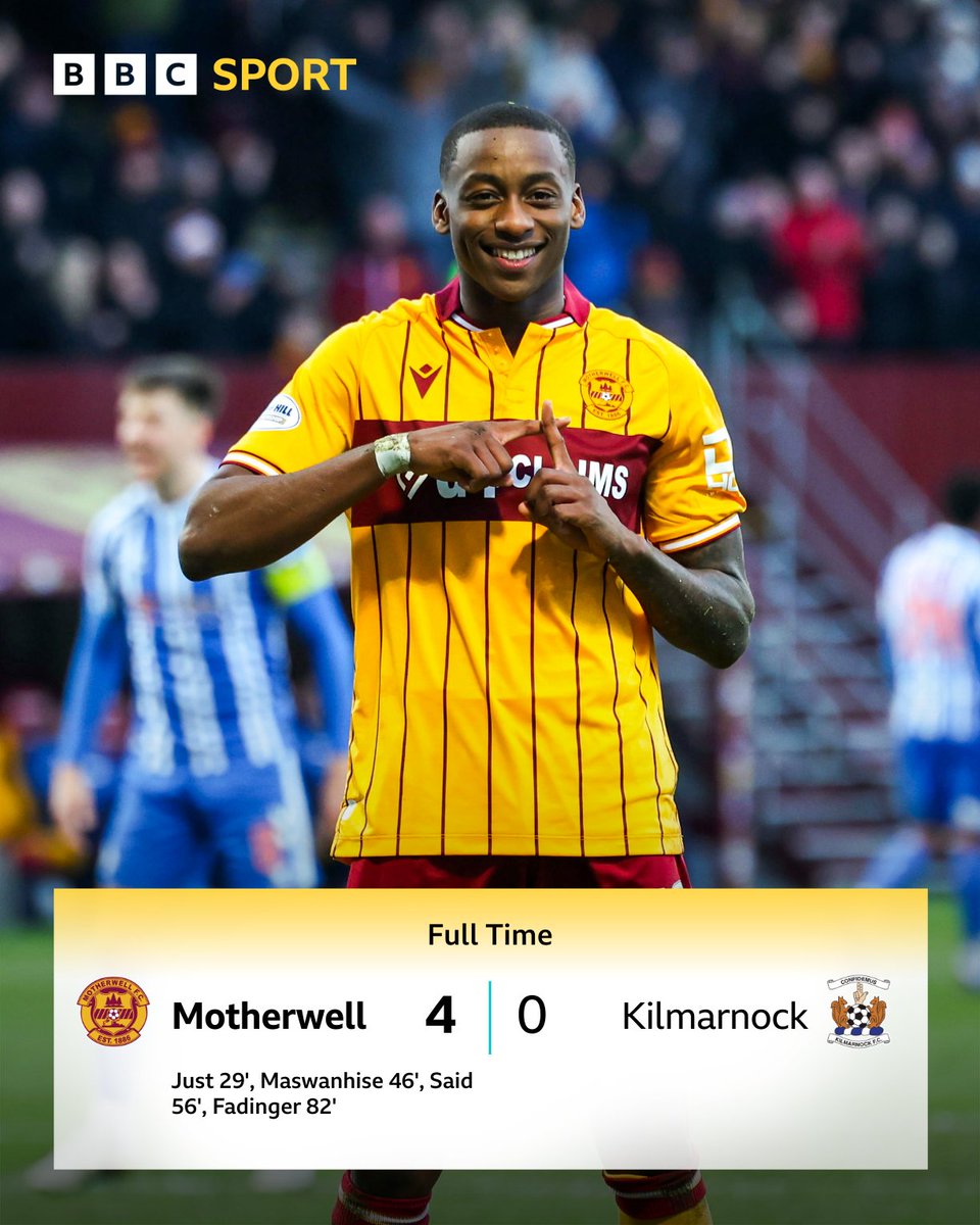 Motherwell's fine season continues with a resounding win against 10-men Kilmarnock 👏

#BBCFootball