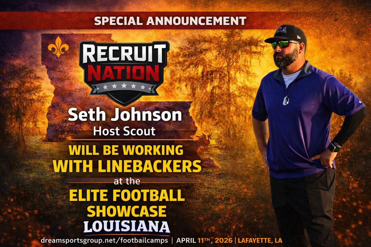 CoachSethJ's tweet image. 🚨 LINEBACKERS 🚨
 Seth Johnson will serve as Host Scout and work directly with Linebackers at the Recruit Nation Elite Football Showcase in Louisiana 🏈🔥
📍 Lafayette, LA
📅 April 11, 2026

Limited spots available.
👉 dreamsportsgroup.net/footballcamps
#RecruitNation #LinebackerTraining